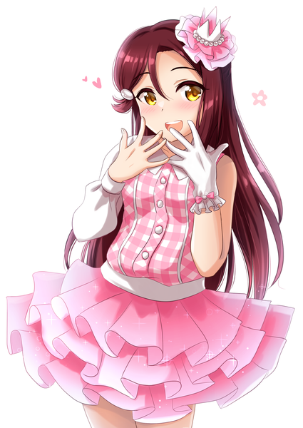 Anime picture 1075x1518 with love live! sunshine!! sunrise (studio) love live! sakurauchi riko kibihimi single long hair tall image looking at viewer blush fringe open mouth simple background smile hair between eyes standing white background yellow eyes red hair :d