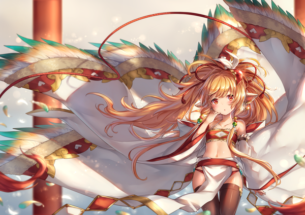 Anime picture 1754x1240 with granblue fantasy mahira (granblue fantasy) ks single long hair looking at viewer blush highres light erotic blonde hair red eyes standing ass braid (braids) wind sunlight blurry wide sleeves :o depth of field