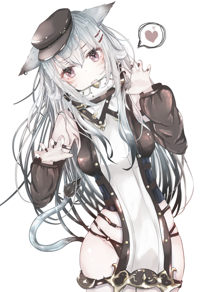 Anime picture 1000x1447 with final fantasy final fantasy xiv square enix miqo'te sakura mochiko single long hair tall image looking at viewer blush fringe open mouth light erotic simple background hair between eyes white background brown eyes animal ears silver hair tail