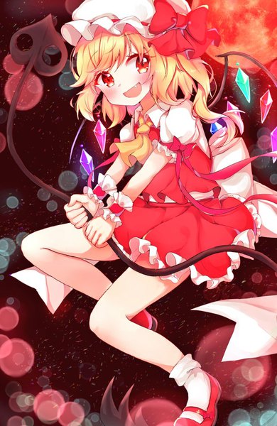 Anime picture 666x1024 with touhou flandre scarlet hanen (borry) single tall image looking at viewer blush short hair open mouth blonde hair red eyes full body :d fang (fangs) one side up red moon girl skirt weapon hat