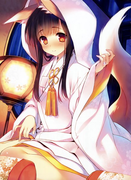Anime picture 2874x3951 with dengeki moeou tagme (character) tatami to hinoki tatami (loop) single long hair tall image blush highres black hair smile brown hair brown eyes animal ears tail traditional clothes japanese clothes animal tail scan wide sleeves