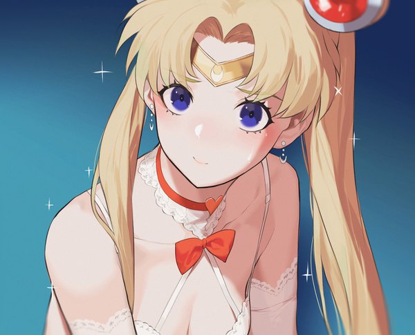 Anime picture 1266x1024 with bishoujo senshi sailor moon toei animation tsukino usagi sailor moon salmon88 single long hair breasts blue eyes light erotic simple background blonde hair twintails looking away cleavage upper body light smile sparkle alternate costume blue background