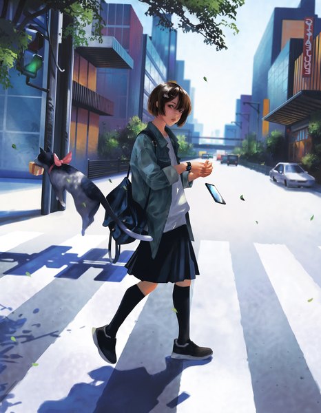 Anime picture 1700x2187 with original g-tz single tall image fringe short hair hair between eyes brown hair brown eyes looking away sky full body outdoors parted lips pleated skirt shadow city jumping walking crosswalk