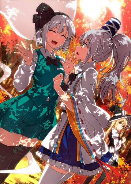 Anime picture 800x1120 with touhou kirisame marisa konpaku youmu mononobe no futo sazanami mio long hair tall image blush short hair open mouth blonde hair multiple girls yellow eyes white hair ponytail eyes closed ghost girl thighhighs dress