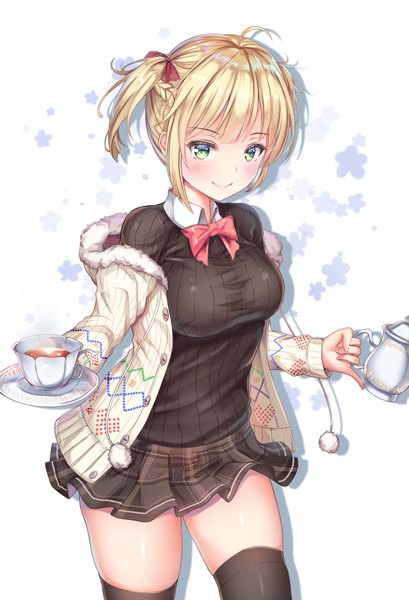 Anime picture 695x1020 with girls frontline welrod mk2 (girls frontline) cenangam single tall image looking at viewer fringe short hair breasts blonde hair smile standing white background twintails holding green eyes ahoge long sleeves pleated skirt off shoulder