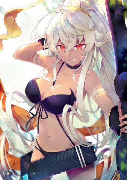 Anime picture 707x1000 with merc storia sakyura (merc storia) yuizayomiya single tall image looking at viewer fringe breasts light erotic smile red eyes large breasts standing holding payot cleavage silver hair ahoge ponytail very long hair