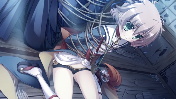 Anime picture 1280x720 with appare! tenka gomen katagiri hinata single short hair light erotic brown hair wide image sitting green eyes game cg traditional clothes lolicon girl rope