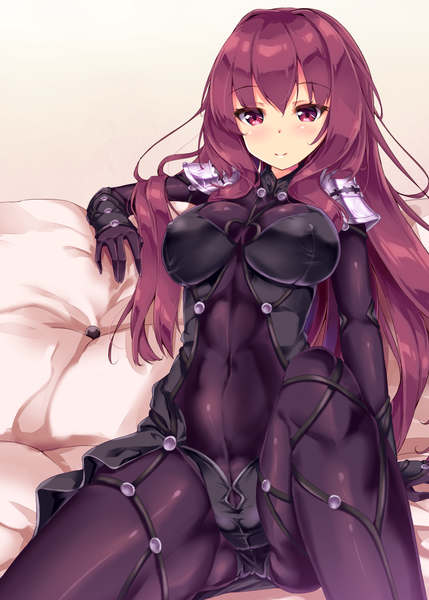 Anime picture 858x1200 with fate (series) fate/grand order scathach (fate) (all) scathach (fate) fukuda shuushi single long hair tall image looking at viewer blush fringe breasts light erotic simple background smile hair between eyes large breasts sitting purple eyes purple hair