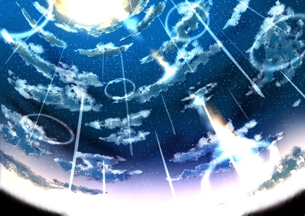 Anime picture 3507x2480 with original reventon highres absurdres sky cloud (clouds) from below rain no people landscape scenic meteor rain star (stars) meteorite