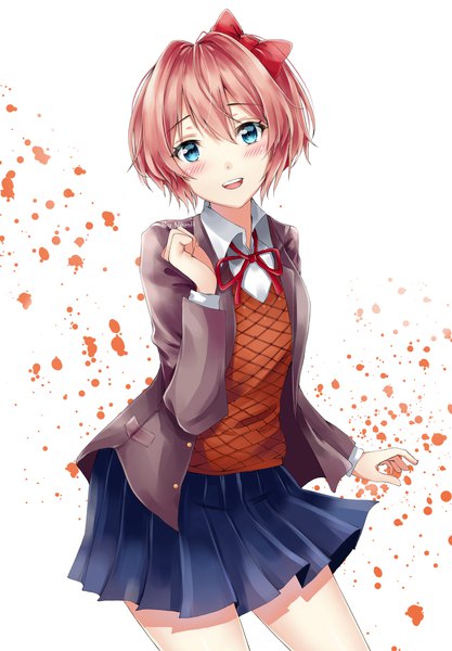 Anime picture 1600x2300 with doki doki literature club sayori (doki doki literature club) namii single tall image looking at viewer blush fringe short hair open mouth simple background hair between eyes white background pink hair head tilt :d pleated skirt aqua eyes girl skirt