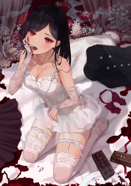 Anime picture 2894x4093 with original tooku0 single long hair tall image looking at viewer blush fringe highres breasts open mouth light erotic black hair red eyes cleavage full body from above mole fang (fangs) no shoes