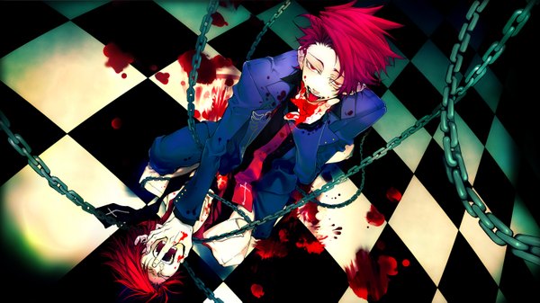 Anime picture 1500x843 with umineko no naku koro ni ushiromiya battler ryuukishi07 jirosuzuki short hair open mouth red eyes wide image sitting red hair eyes closed checkered floor checkered blood on face spiked hair sitting on person bloody clothes multiple persona blood stains dark persona