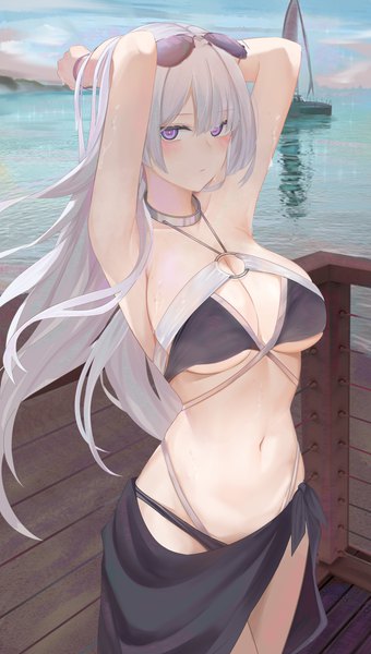 Anime picture 3000x5300 with girls frontline ak-15 (girls frontline) ru zhai single long hair tall image looking at viewer blush fringe highres breasts light erotic hair between eyes large breasts standing purple eyes payot sky silver hair cloud (clouds)