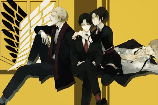 Anime picture 1000x665 with shingeki no kyojin production i.g levi (rivaille) hange zoe erwin smith sevnilock looking at viewer fringe black hair blonde hair brown hair sitting yellow eyes bent knee (knees) ponytail lying profile arm support multiple boys zettai ryouiki