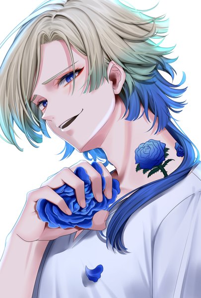 Anime picture 1181x1748 with blue lock michael kaiser azaka (rionrita) single long hair tall image looking at viewer blue eyes simple background blonde hair white background holding blue hair upper body multicolored hair two-tone hair tattoo boy flower (flowers) rose (roses)