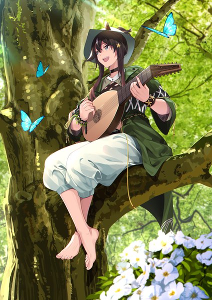 Anime picture 2480x3507 with arknights meteor (arknights) meteor (bard's holiday) (arknights) shijie jianfa single long hair tall image blush fringe highres open mouth smile hair between eyes brown hair sitting animal ears looking away full body outdoors :d