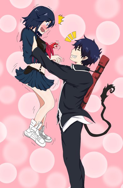 Anime picture 2302x3508 with kill la kill ao no exorcist a-1 pictures studio trigger okumura rin matoi ryuuko p-boy46 tall image blush highres short hair open mouth blue eyes black hair simple background smile holding tail eyes closed profile