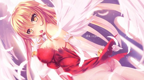 Anime picture 2560x1440 with original dk.senie single long hair looking at viewer blush fringe highres breasts light erotic blonde hair wide image large breasts yellow eyes ass no bra sideboob girl dress gloves