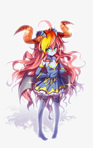 Anime picture 503x800 with puzzle & dragons hera (p&d) hong (white spider) single long hair tall image fringe simple background blonde hair smile green eyes looking away red hair multicolored hair horn (horns) pointy ears orange hair shadow blue skin girl