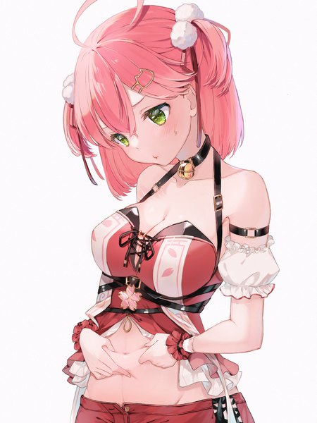 Anime picture 1814x2419 with virtual youtuber hololive sakura miko sakura miko (4th costume) runlan 0329 single tall image fringe highres short hair light erotic simple background hair between eyes white background green eyes pink hair upper body ahoge bare belly two side up