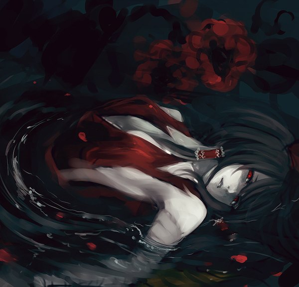 Anime picture 1462x1408 with touhou hakurei reimu minase (mmakina) single long hair breasts light erotic red eyes brown hair cleavage lying parted lips lips dark background pale skin ophelia's pose girl hair ornament flower (flowers) bow