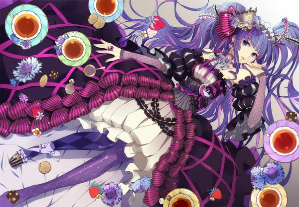 Anime picture 1088x757 with gin (oyoyo) single long hair purple eyes purple hair girl dress hair ornament flower (flowers) ring tea