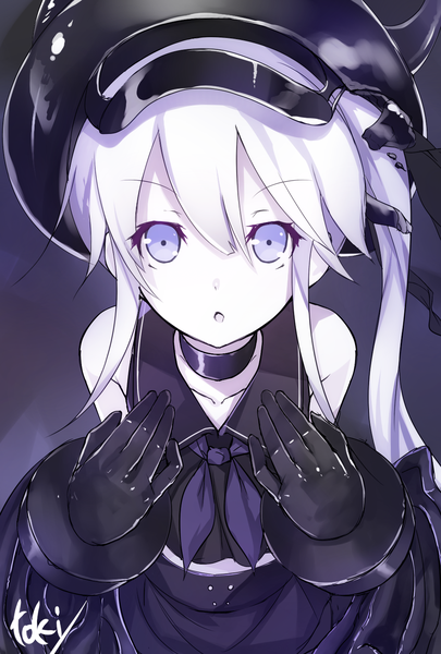 Anime picture 1000x1480 with kantai collection destroyer hime toki/ single long hair tall image looking at viewer open mouth purple eyes bare shoulders signed white hair ponytail :o side ponytail shinkaisei-kan girl gloves hat black gloves