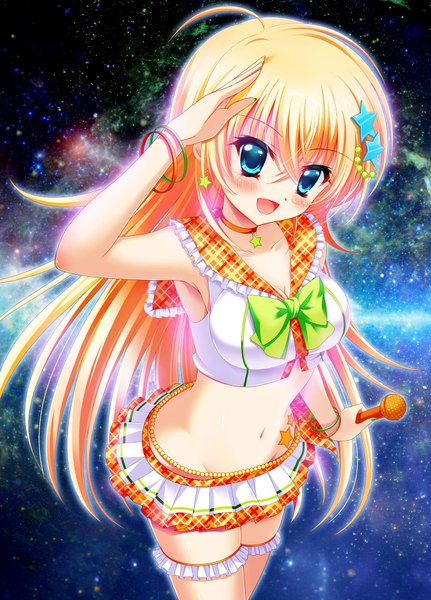 Anime picture 1294x1800 with original pon (ichi rin) single long hair tall image looking at viewer blush open mouth blue eyes blonde hair midriff girl skirt hair ornament bow miniskirt frills bracelet microphone star hair ornament