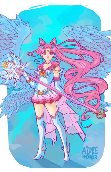 Anime picture 1300x2009 with bishoujo senshi sailor moon toei animation chibiusa sailor chibi moon super sailor chibi moon (stars) azure-and-copper single tall image standing twintails holding signed pink hair full body very long hair pleated skirt pink eyes wind hair bun (hair buns) blue background