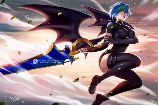 Anime picture 1000x667 with highschool dxd xenovia quarta olchas single blush fringe short hair light erotic hair between eyes holding yellow eyes blue hair looking away parted lips multicolored hair green hair wind two-tone hair streaked hair black wings