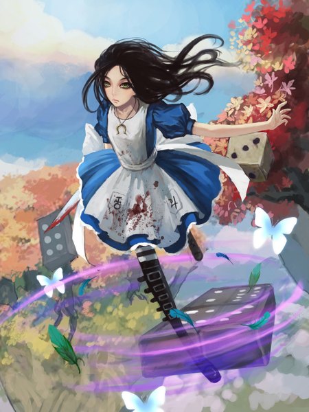 Anime picture 960x1280 with american mcgee's alice (game) alice: madness returns alice (american mcgee's) gjred long hair tall image black hair green eyes sky cloud (clouds) flying autumn bloody clothes dress plant (plants) tree (trees) boots leaf (leaves) insect butterfly