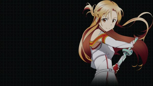 Anime picture 1366x768 with sword art online a-1 pictures yuuki asuna single long hair looking at viewer blonde hair smile wide image brown eyes wallpaper black background girl weapon detached sleeves sword