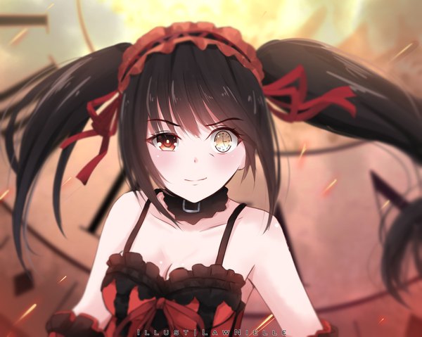 Anime picture 1969x1575 with date a live tokisaki kurumi lawnielle single long hair looking at viewer blush fringe highres black hair hair between eyes red eyes twintails bare shoulders signed yellow eyes payot cleavage upper body light smile