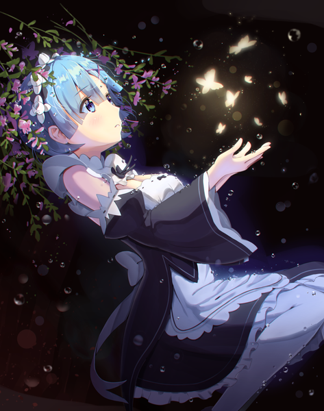 Anime picture 967x1228 with re:zero kara hajimeru isekai seikatsu white fox rem (re:zero) miho (dreamhutmino) single tall image blush fringe short hair blue eyes hair between eyes bare shoulders blue hair bent knee (knees) parted lips profile wide sleeves maid outstretched arm looking up