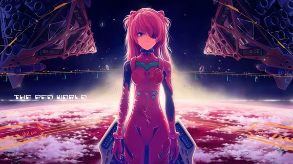 Anime picture 6250x3509 with neon genesis evangelion rebuild of evangelion evangelion: 3.0 you can (not) redo gainax soryu asuka langley tyc001x single long hair looking at viewer fringe highres blue eyes wide image standing absurdres cloud (clouds) orange hair girl eyepatch pilot suit