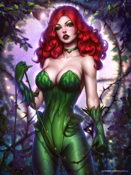Anime picture 4000x5333 with batman dc comics poison ivy ayyasap single long hair tall image looking at viewer highres breasts light erotic large breasts standing bare shoulders holding green eyes signed absurdres red hair blurry