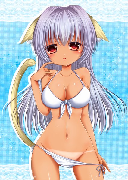 Anime picture 1074x1517 with original asazuki kanai single long hair tall image blush breasts light erotic red eyes animal ears silver hair animal tail tan tan lines girl navel swimsuit bikini white bikini