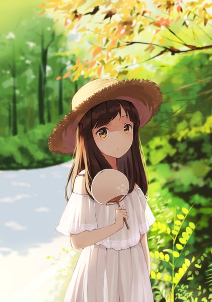 Anime picture 1367x1948 with original gkn levi single long hair tall image looking at viewer brown hair brown eyes outdoors shaded face girl dress plant (plants) hat tree (trees) sundress fan straw hat