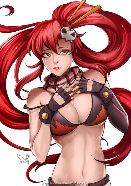 Anime picture 750x1061 with tengen toppa gurren lagann gainax yoko littner magion02 single tall image fringe breasts light erotic simple background large breasts white background signed yellow eyes looking away ponytail red hair very long hair lips realistic