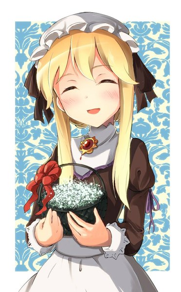 Anime picture 636x1024 with idolmaster idolmaster cinderella girls clarice (idolmaster) chiro (norishiro michiro) single long hair tall image blush fringe open mouth blonde hair simple background smile eyes closed maid happy ^ ^ ^o^ girl dress