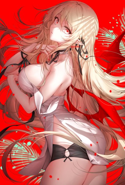 Anime picture 1602x2355 with original senchat single tall image looking at viewer fringe breasts light erotic simple background blonde hair hair between eyes large breasts standing signed very long hair nail polish parted lips head tilt arm up fingernails