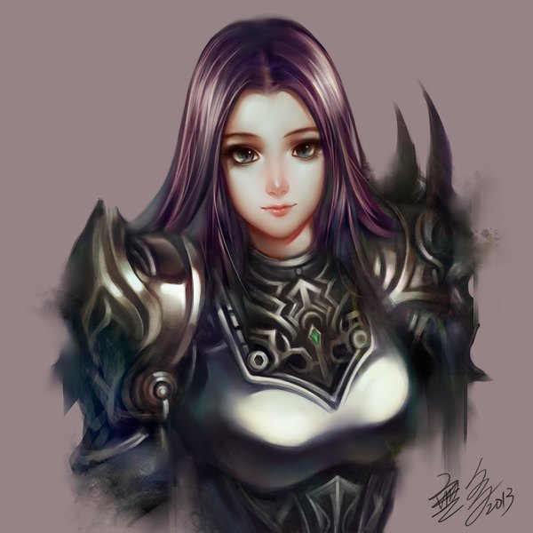 Anime picture 1000x1000 with original wuduo single long hair looking at viewer blue eyes simple background signed purple hair grey background girl armor