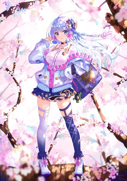 Anime picture 4093x5787 with genshin impact kamisato ayaka you cao xi single long hair tall image looking at viewer fringe highres blue eyes standing absurdres silver hair full body ahoge outdoors blunt bangs pleated skirt arm up wind