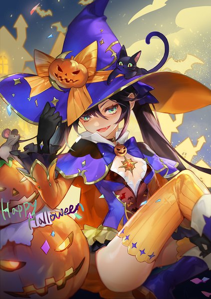Anime picture 1200x1702 with genshin impact mona megistus mocca (mocca nine) single long hair tall image looking at viewer fringe open mouth light erotic black hair hair between eyes sitting twintails aqua eyes fang (fangs) halloween adjusting hat happy halloween girl