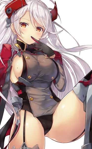 Anime picture 1224x1970 with azur lane prinz eugen (azur lane) motokonut single long hair tall image looking at viewer blush fringe breasts light erotic simple background hair between eyes large breasts white background brown eyes payot silver hair long sleeves mole