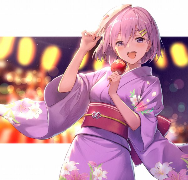Anime picture 800x767 with fate (series) fate/grand order mash kyrielight haru (hiyori-kohal) single looking at viewer blush fringe short hair open mouth hair between eyes standing purple eyes holding pink hair traditional clothes :d japanese clothes blurry wide sleeves