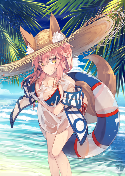 Anime picture 864x1208 with fate (series) fate/grand order tamamo (fate) (all) tamamo no mae (swimsuit lancer) (fate) nagishiro mito single long hair tall image looking at viewer blush fringe breasts light erotic hair between eyes large breasts standing animal ears yellow eyes pink hair sky