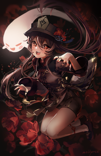Anime picture 1650x2550 with genshin impact hu tao (genshin impact) boo tao (genshin impact) meltyrice single long hair tall image fringe open mouth hair between eyes red eyes brown hair full body :d symbol-shaped pupils jumping ghost girl flower (flowers) hat