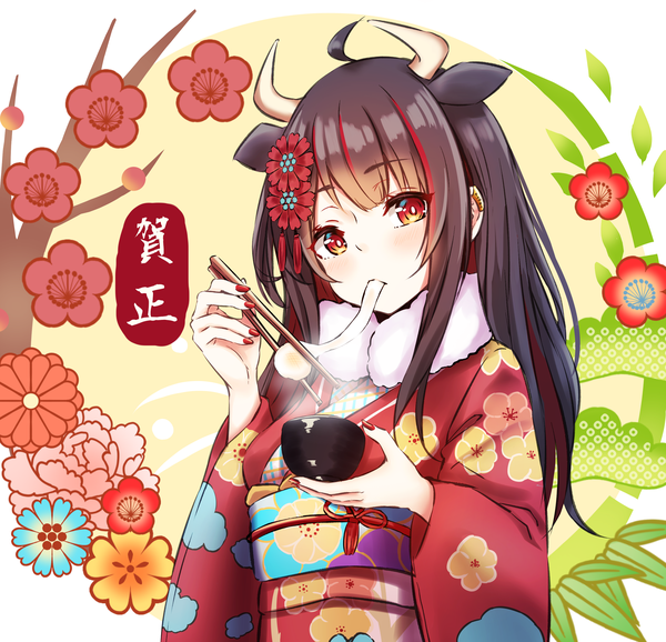 Anime picture 2791x2689 with original pikao single long hair looking at viewer highres black hair red eyes animal ears ahoge nail polish traditional clothes japanese clothes multicolored hair horn (horns) two-tone hair streaked hair colored inner hair eating new year