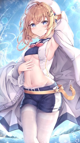 Anime picture 1080x1920 with azur lane stephen potter (azur lane) manman manyou haiyang de paomo single long hair tall image looking at viewer blush fringe breasts blue eyes light erotic blonde hair standing sky cloud (clouds) ahoge outdoors arm up armpit (armpits)